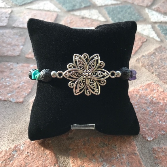 Genuine gemstones big silver lotus flower bracelet - Picture 8 of 9